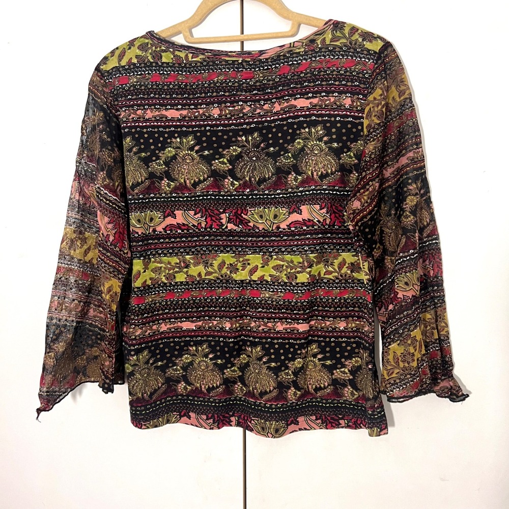 Tease Bohemian Top Sz L Paisley Sequin V-Neck Sheer Bell Sleeve Fairy Whimsigoth - Picture 2 of 6
